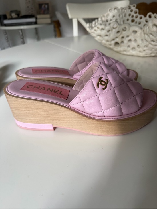 CHANEL Shoes - CHANEL Quilted Pink Leather Platform Slide Mules with Gold CC, Worn once